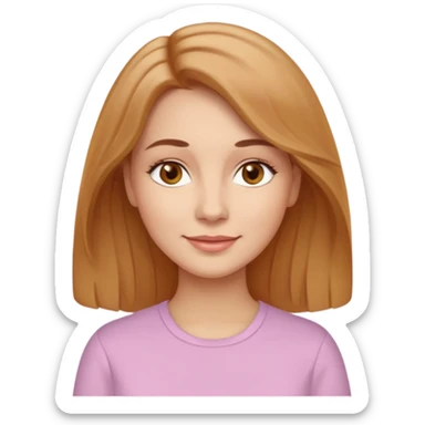 Woman with light beige skin tone, honey-brown hair that is slightly wavy and medium length, light brown eyes. Oval face shape, small nose, full lips, natural slightly arched eyebrows, soft pink cheeks. Wearing a simple shirt or blouse. Warm, friendly smile. sticker