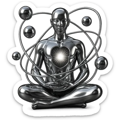 stylized chrome meditating figure with open chest emitting radiant energy, spiraling spheres around, futuristic and smooth sticker