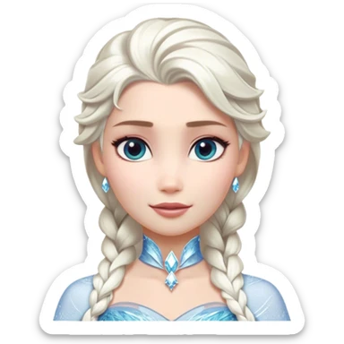 Cinematic Majestic Snow Queen Portrait Emoji, rendered in a clean, vector-style with bold, simplified shapes. Show Elsa with a serene, noble expression, luminous icy skin and gracefully styled platinum hair adorned with subtle crystalline accents, her attire minimal yet majestic. The design radiates a cool, crystalline glow with high shine and a soft glowing outline, embodying timeless, frosty elegance. sticker