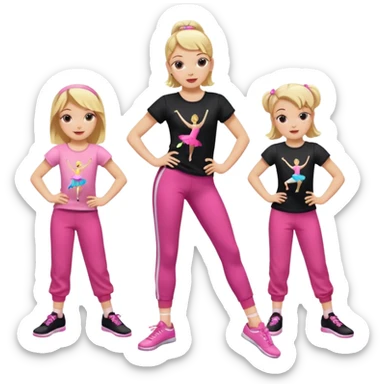 Hiphop dancer, with cute big pants, sneakers, and t-shirt. White girl blond. Coloufull shirt. No pocket pants. Dancing. Pink and black plain outfit. No sweatbands on the wrist, black music box behind her. Ballerina pose. with dancing kids behind her sticker