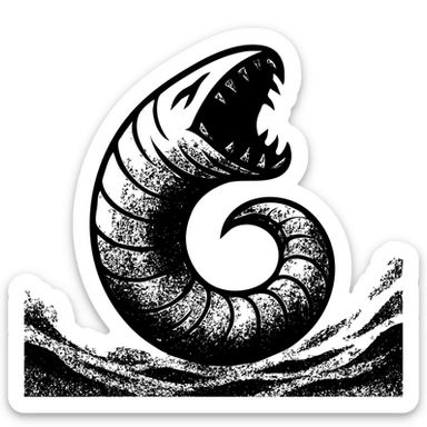 minimalist stylised sandworm inspired by Dune, curling upward like a spiral tooth, textured sandy brown with dark shadows, maw open, set against swirling desert dust, sharp lines, dramatic contrast sticker