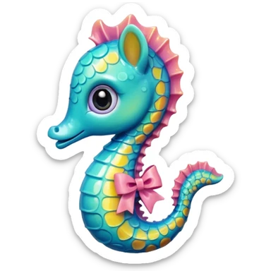 cute seahorse with glossy plastic finish, oversized sparkling eyes, miniature body, cheerful smile, blushing cheeks, intricate textures, pastel and bright accent colors, tiny bow accessory, rich shading sticker