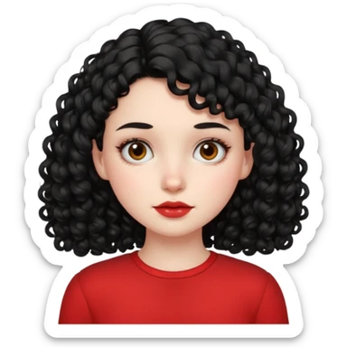 Side part black curly hair girl with mole above left side of lip pale skin red top sticker