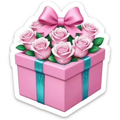 White roses in a pink box with a pink bow and glitter sticker