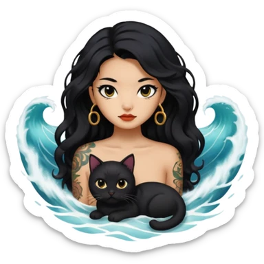 a Chinese girl with long black  Big Wave hair and tattoos and a black round faced cat and black eyes sticker