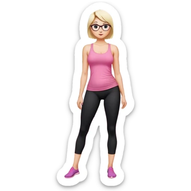 Full body view, fair skinned woman, curvy, short blond hair, small reading glasses, cooking dinner in kitchen, pink loose tank top, showing natural B cup breast shape SFW, black yoga pants, large curvy booty sticker