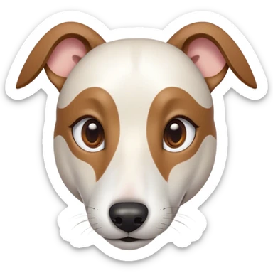 Cinematic Cute White and Brown Greyhound Portrait Emoji, Head tilted playfully and inquisitively, featuring a smooth white Fur with vibrant brown accents and round, sparkling eyes filled with curiosity, Simplified yet irresistibly adorable features, highly detailed, glowing with a warm, friendly glow, high shine, affectionate and nimble, stylized with a touch of whimsy, bright and endearing, soft glowing outline, capturing the essence of a mischievous yet loving racer, so playful it feels like it could sprint out of the screen and into your arms! sticker