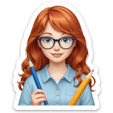 redheaded woman with very long wavy hair and bangs, blue eyes, clear cat-eye glasses, casual chic outfit, holding a pencil, smiling sticker