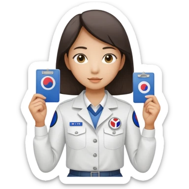 A young Asian guide holding her tour license in both hands, wearing a white shirt with the South Korea badge on her chest. sticker