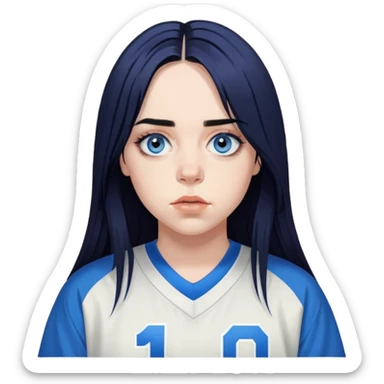 billie eilish long black hair blue eyes dark eyeliner makeup, wearing jersey sticker