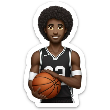 black basketball player holding the notebook wearing black and white jersey number 2 curly hair and handband sticker