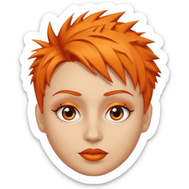 A person emoji with light skin, short spiky orange hair swept to one side, matching orange eyebrows, brown eyes, an oval-shaped face, a small nose, and dark lipstick. sticker