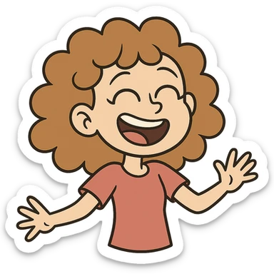 white girl with light brown curly hair, joyful expression, cartoon style sticker