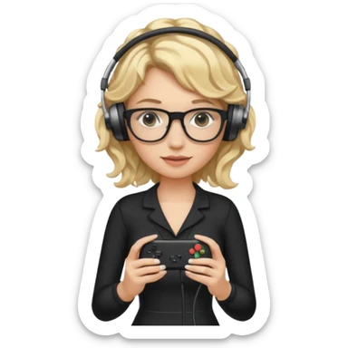 
gamer, woman with blond wavy hair, tight black dress with a white line with glasses, headphone, gamepad sticker