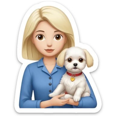 brunette woman and blonde long haired woman holding Maltese dog sticker