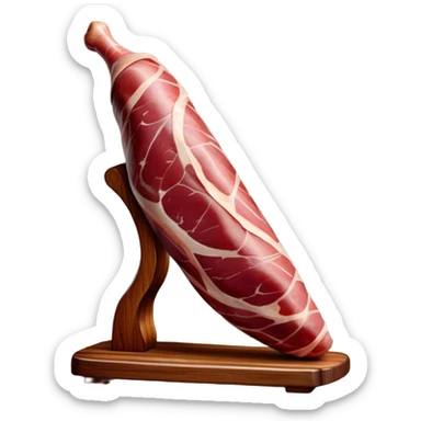 ​Cinematic Realistic Spanish Jamón Leg, depicted as a massive, cured leg of Jamón serrano (ham) with a deep reddish-brown hue, intricately marbled and slightly glossy with age, elegantly displayed on a rustic wooden stand and bathed in warm, soft lighting that accentuates its artisanal heritage, sticker