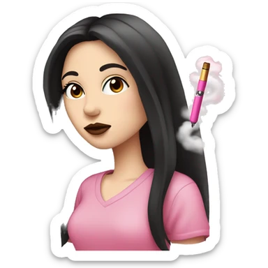 Pale girl with long black hair and brown eyes smoking a pink vape pen with hearts on it sticker