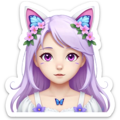 female anime character with pink eyes long white hair periwinkle highlights and cat ears on her head. She is wearing a white dress with purple flowers and butterfly. sticker