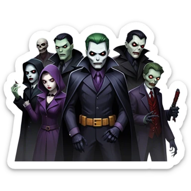 Icon for Thriller Movies: A large, dramatic collage featuring sinister villains and zombies in dark clothing. The background shows the gloomy cityscape of Gotham with dim lighting and eerie shadows. The atmosphere should be tense, mysterious, and suspenseful. Transparent background. sticker