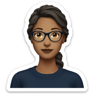 Tan girl in a navy blue sweater with medium length dark brown hair and clear glasses sticker