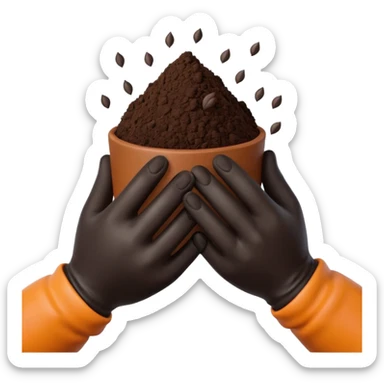 A 3D cartoon pair of gloved hands holding rich dark soil, small bits falling between fingers, bright garden background, soft light, Memoji-style realism. sticker