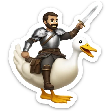 Confident armored White Man with dark brown hair and a short beard pointing forward with one arm holding a sword and yelling a battle charge while riding on the back of a giant duck sticker
