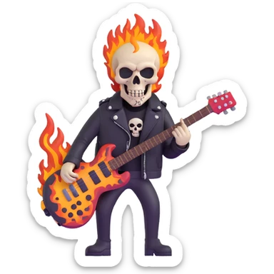 heavy metal skull with flames, electric guitar, leather jacket sticker
