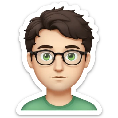 Young man with slightly curled dark brown poofy hair, green eyes wearing glasses, wide face with eyes set apart, bigger ears, pale skin, slightly bigger nose, and very light stubble sticker