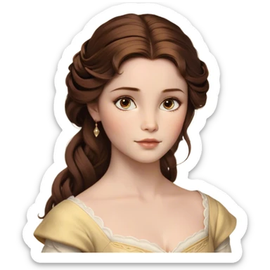 Cinematic Realistic Belle Portrait, depicted with lifelike skin texture, soft natural lighting, and intricately detailed brown hair styled elegantly. Her deep, expressive eyes exude warmth and intelligence, complemented by a serene and graceful expression. She is dressed in her classic attire, with rich fabric textures and delicate folds that catch the light beautifully. The portrait features a soft, enchanting glow with a natural, radiant finish, capturing the essence of timeless beauty in a realistic and painterly style, evoking a sense of depth and authenticity. sticker
