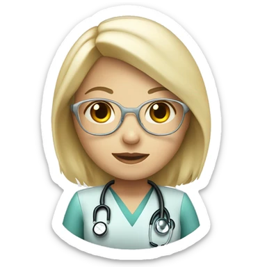 Light blonde female medical doctor with a fringe and a stethoscope sticker