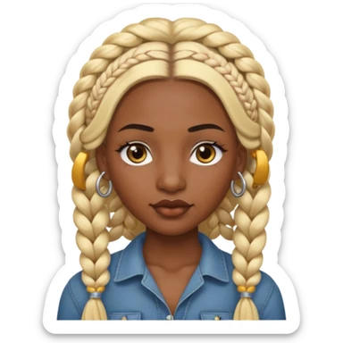 A dark-skinned woman with long blonde hair styled into two thick braids, large golden-brown eyes and arched eyebrows.  a silver eyebrow ring, a nose stud, and a lip ring. sticker