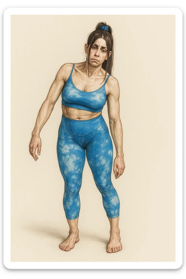 Realistic style illustration of a woman in sportswear with an asymmetric posture showing evident postural problems. The anatomy is clearly visible with muscles and joints emphasized. The background is neutral and the format is vertical, inspired by the reference photo. sticker