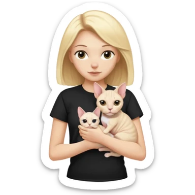 A white girl with blonde hair black T-shirt is holding a white Sphynx girl cat in her arms sticker