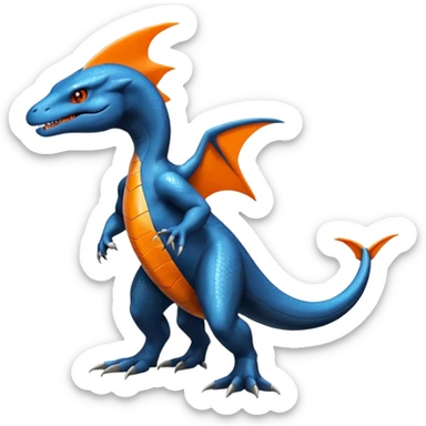 Shiny Black Koraidon-Latios-Salandit-Fakémon-hybrid-creature (full body) with orange belly sticker