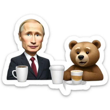 Putin caricature and a Ted Bear as radio talkshow hosts having coffee sticker