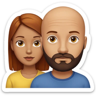 Couple. A bald man with dark brown beard and a girl with light skin. She has dark yellow brown auburn hair. Different skincolor. She has very light skin. sticker