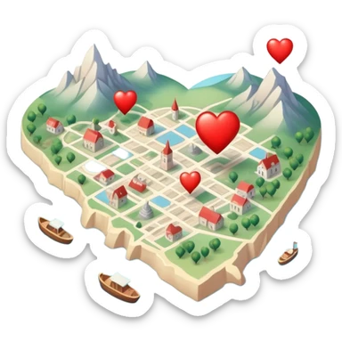 Detailed cartography map with soft ethereal coloring, containing red heart pins marking romantic locations and different symbols for other life experiences sticker