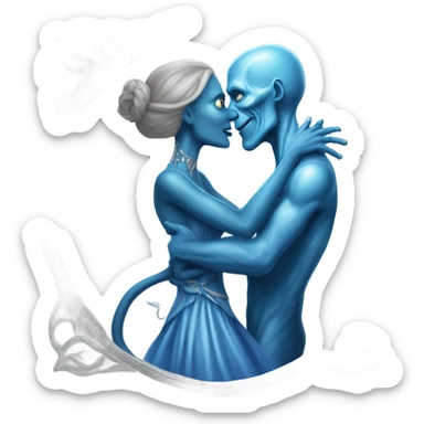 White man in blue dress  hugs and kissing Alien reptilian woman in silver dress  sticker