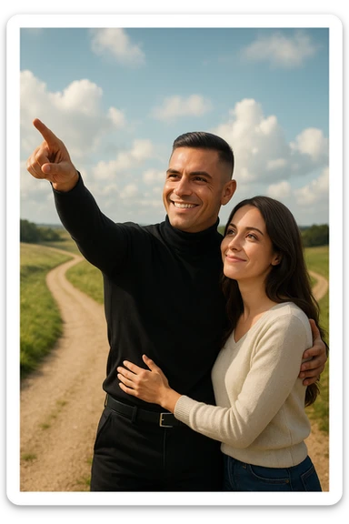 a couple stands at a crossroads, the man pointing confidently toward a direction while the woman looks at him with trust and optimism. Both are illuminated by soft, uplifting light, representing faith in each other’s strengths and the positive outcomes of working together. sticker