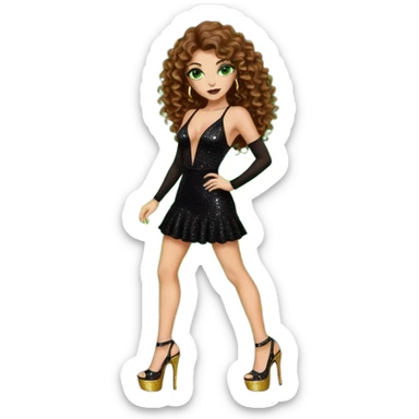 green eyes brown long curly hair woman, cartel boss with 7 inch platform stripper high heels black glitter dress, Los Angeles Spanish style black outfit sticker