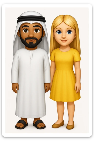 Сгенерируй мне в стиле детализированного емодзи пару, где мужчина с черной бородой и в арабском одеянии и чуть со смуглой кожей, а девушка чистая славянка, блондинка. В ПОЛНЫЙ РОСТ ОНИ И НЕ КАСАЮТСЯ КРАЕВ ИЗОБРАЖЕНИЯ sticker