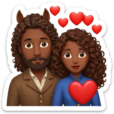 pareja de Mujer morena rizada cabello largo castaño ojos oscuros y hombre piel blanca con caballo oscuro con barba y ojos marron alrededor de la pareja corazones sticker