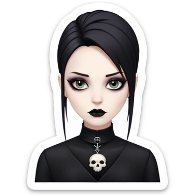 Goth person with pale face, black clothes, and dark makeup sticker