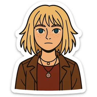 flat toon style of a 14-year-old girl with choppy blonde layers, armpit length, shortest at mouth, middle part, light freckles, blue eyes, defined cupid's brow, tight dark red top, brown leather jacket, necklaces sticker