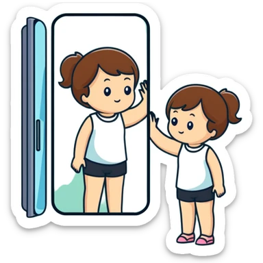 White girl with brown hair checking herself in a wall mirror sticker