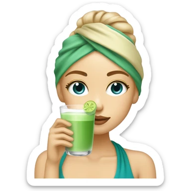 Cute girl with towel drinking matcha from a glass with a straw and and a skincare face mask with dirty blonde hair and grey blue eyes sticker