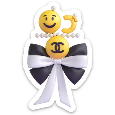 Change the bow to a satin ribbon bow, keep pearls and gold Chanel logo, elegant, glossy, black and white, 3D emoji style. sticker