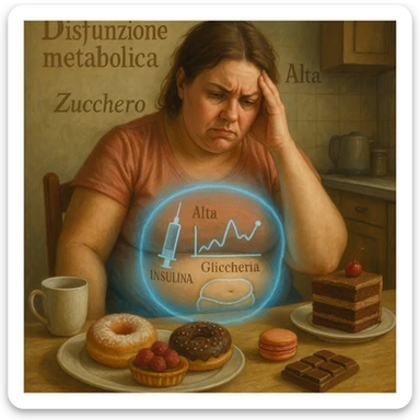 realistic surreal symbolism; woman late 30s, slightly overweight, sitting tired at kitchen table with sweets in front; frustrated expression; blue halo around abdomen (metabolic dysfunction); transparent icons: high insulin, high blood sugar (graph with upward arrows), fat on belly and hips; writings in Italian sticker