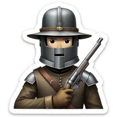 Cinematic Realistic Ned Kelly Portrait Emoji, depicted as the legendary Australian bushranger in his iconic homemade iron helmet and armor, gripping a revolver with a defiant stance. The scene is rendered with gritty textures and dramatic, shadowed lighting, evoking the lawless frontier and his rebellious, fearless legacy. sticker