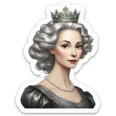 Regal pretty slender middle age woman photograph defined cheekbones high cheekbones crown vintage with very long iridescent black and silver hair wavy long hair pearl crown iridescent sticker